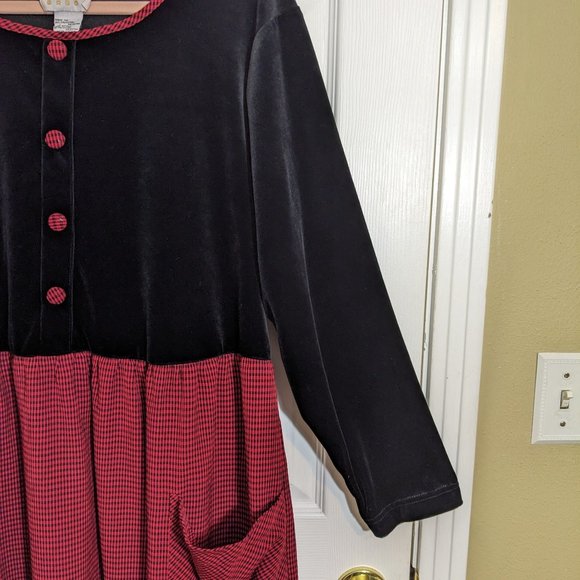 Pellini 1990s Vintage Black Velvet & Red Checkered Maxi Apron Dress - size 18/20 - Picture 5 of 13